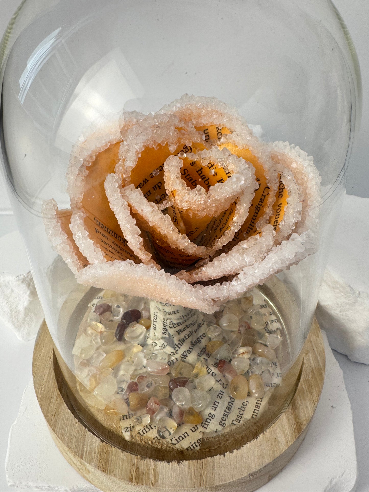 Orangene kristallisierte Buchrose im Glas – mit Golden Healer & Feuerquarz Chips